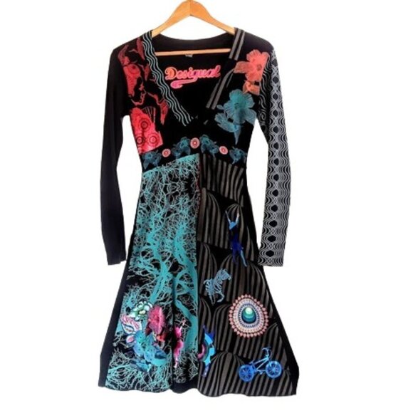 Desigual Black Cotton Multimedia Embellished Dress - Picture 1 of 12